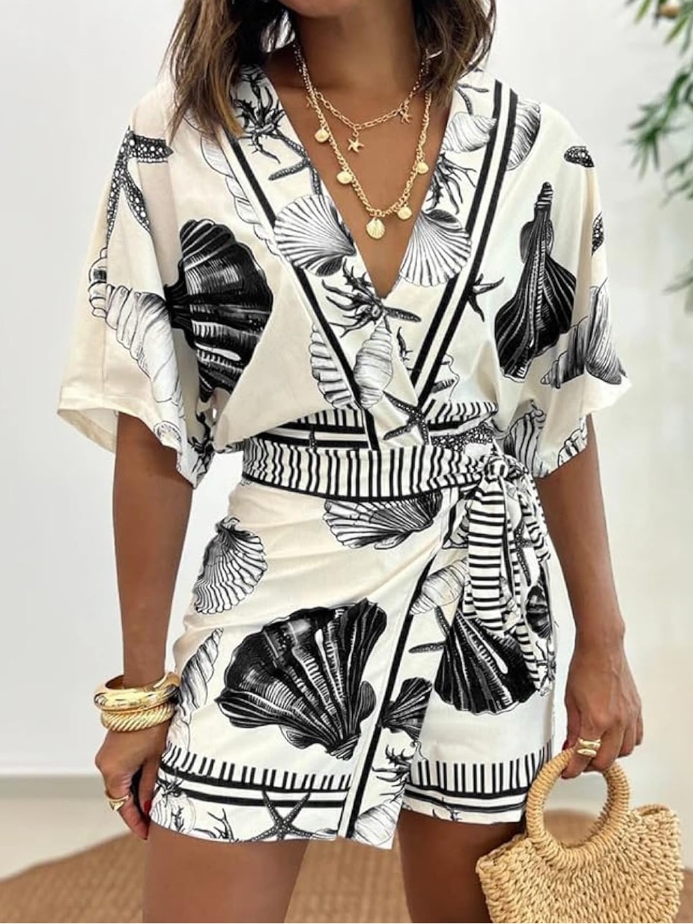 Seashell Print Wrap Front Romper V Neck Short Sleeve Belted Size M